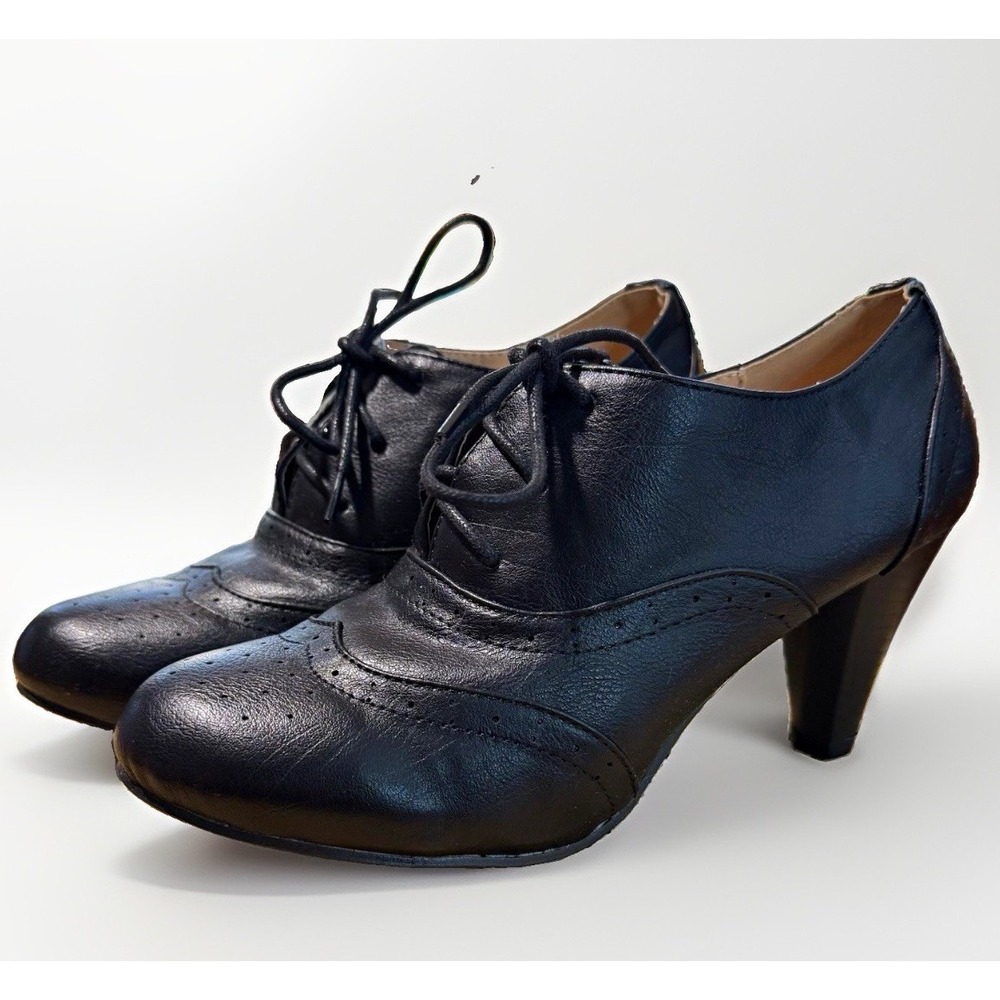 Chase + Chloe Womens Oxford Heels 7.5 Black Lace Up Wingtip Brogue Round Toe